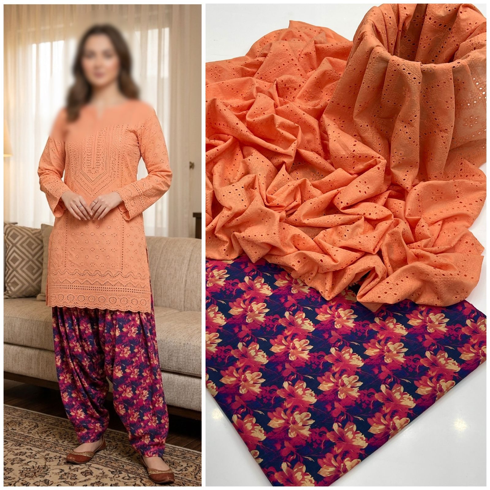 Kainaat Chikankari Boring Lawn Suit with Printed Trouser – 2 Piece Unstitched