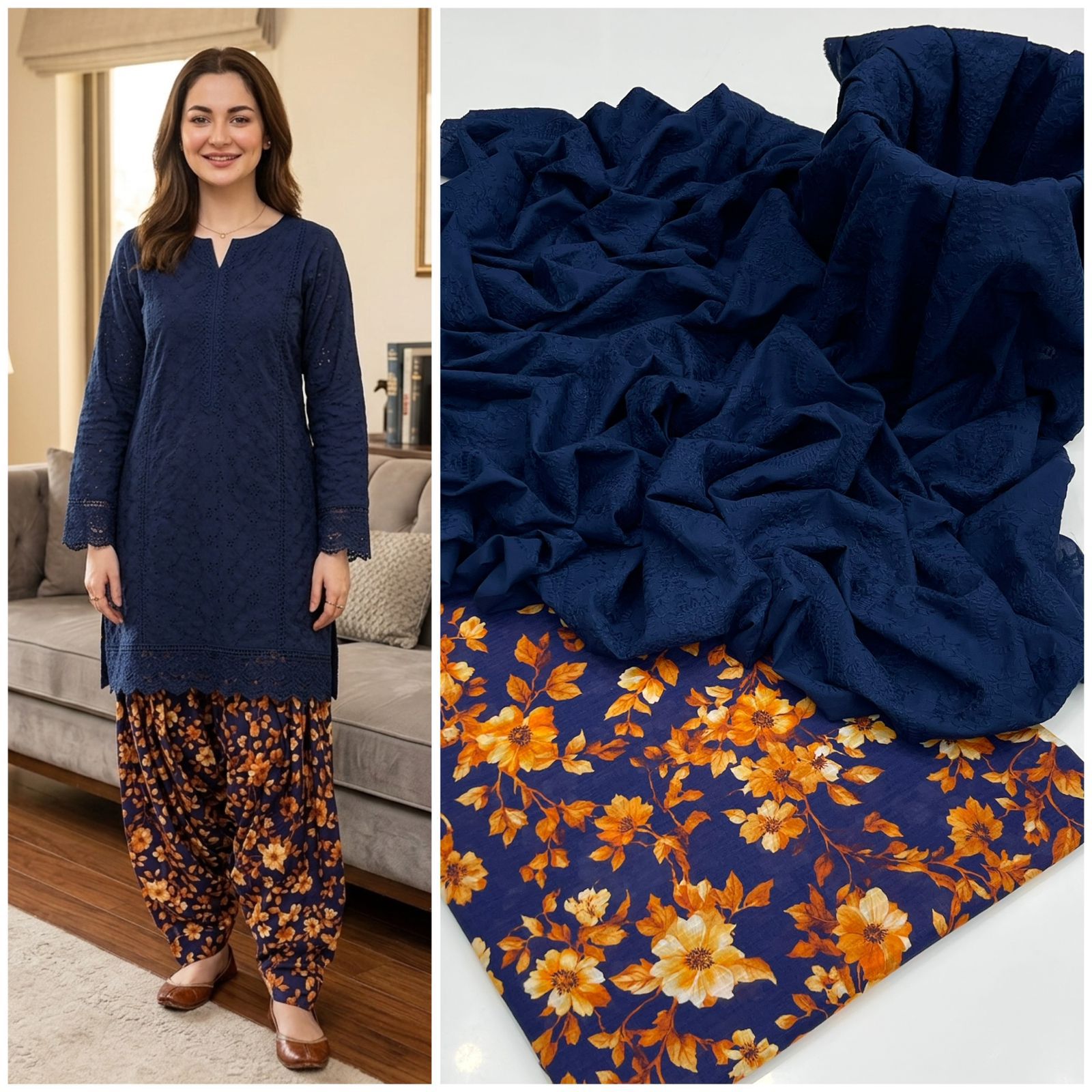 Kainaat Chikankari Boring Lawn Suit with Printed Trouser – 2 Piece Unstitched