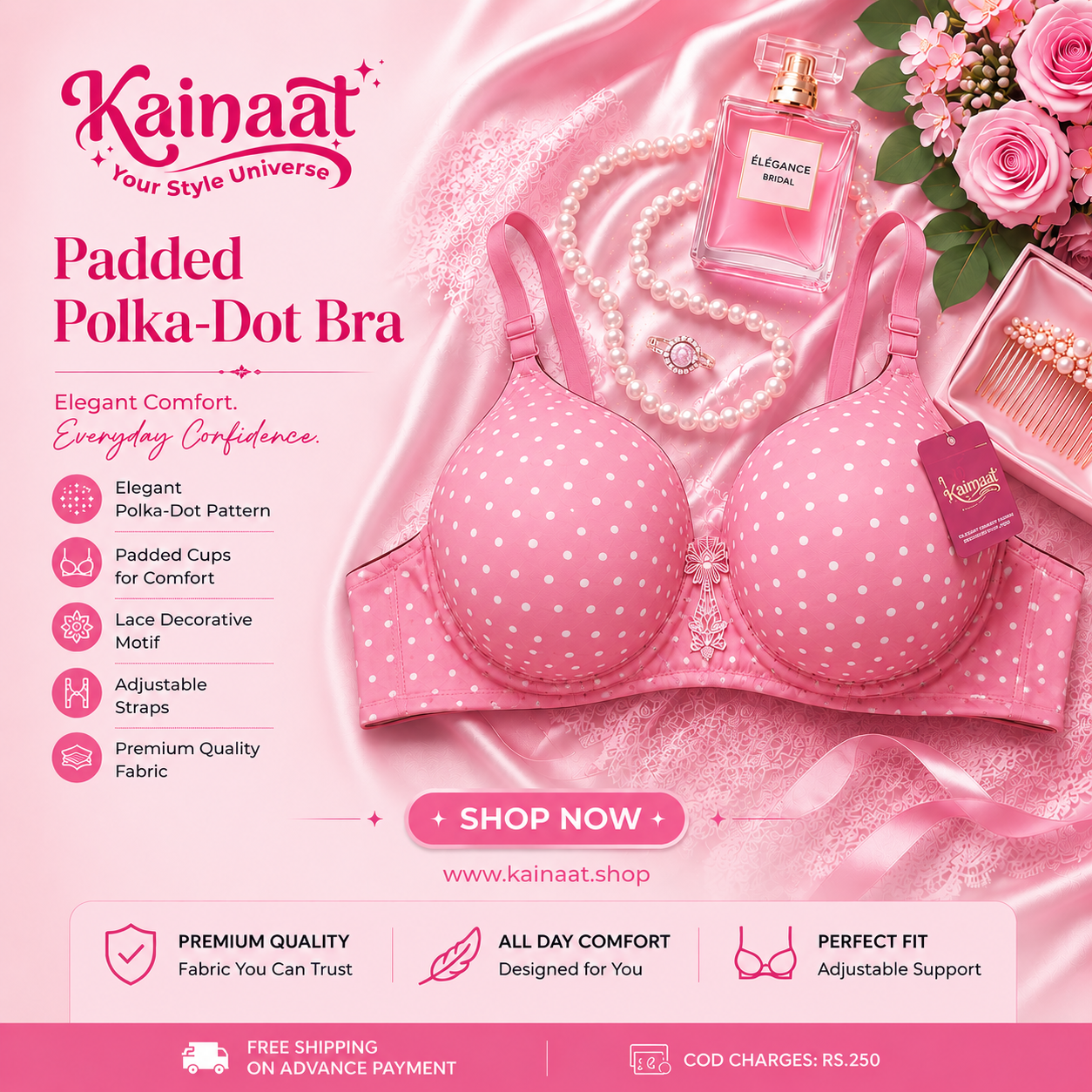 Kainaat Luxury Padded Polka Dot Bra Elegant Comfort • Perfect Shape • Everyday Confidence